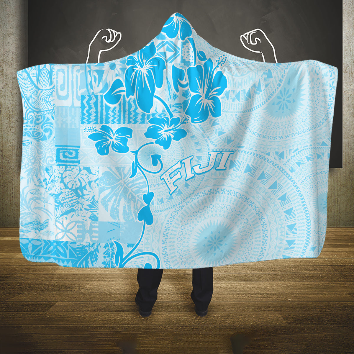 Fiji Masi With Hibiscus Tapa Tribal Hooded Blanket Sky Blue Pastel LT01 One Size Blue - Polynesian Pride