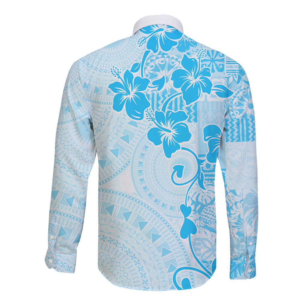 Fiji Masi With Hibiscus Tapa Tribal Long Sleeve Button Shirt Sky Blue Pastel LT01 - Polynesian Pride