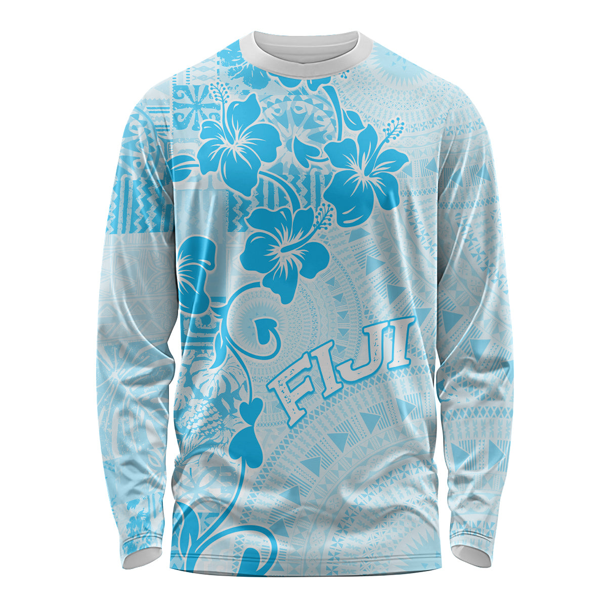 Fiji Masi With Hibiscus Tapa Tribal Long Sleeve Shirt Sky Blue Pastel LT01 Unisex Blue - Polynesian Pride