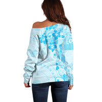 Fiji Masi With Hibiscus Tapa Tribal Off Shoulder Sweater Sky Blue Pastel LT01 - Polynesian Pride