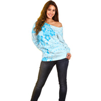 Fiji Masi With Hibiscus Tapa Tribal Off Shoulder Sweater Sky Blue Pastel LT01 - Polynesian Pride