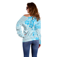 Fiji Masi With Hibiscus Tapa Tribal Off Shoulder Sweater Sky Blue Pastel LT01 - Polynesian Pride