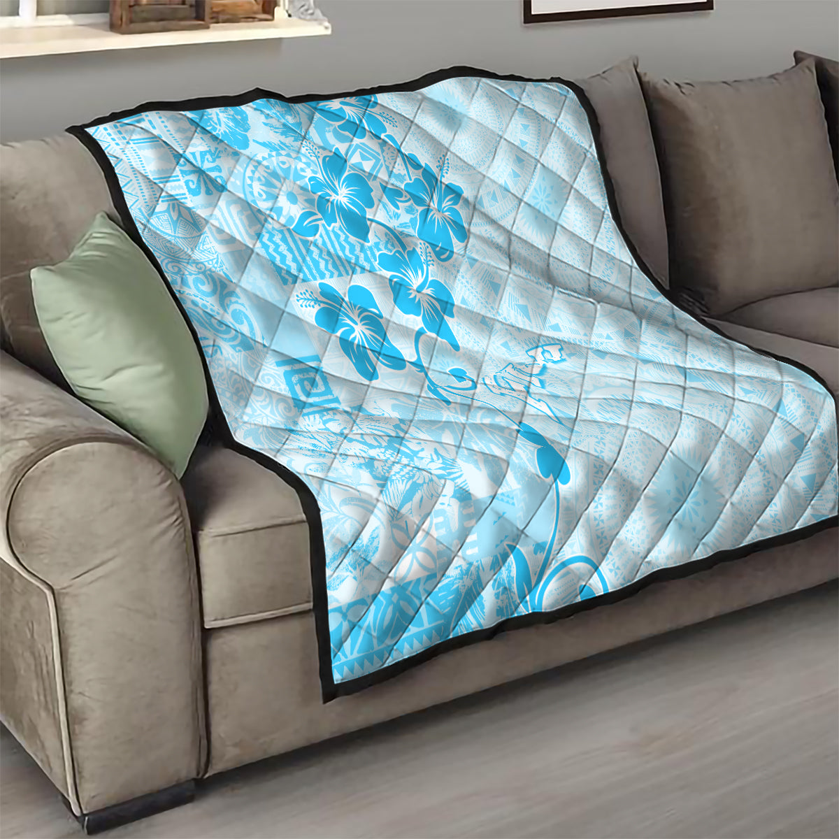 Fiji Masi With Hibiscus Tapa Tribal Quilt Sky Blue Pastel LT01 - Polynesian Pride