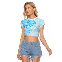 Fiji Masi With Hibiscus Tapa Tribal Raglan Cropped T Shirt Sky Blue Pastel LT01 Female Blue - Polynesian Pride