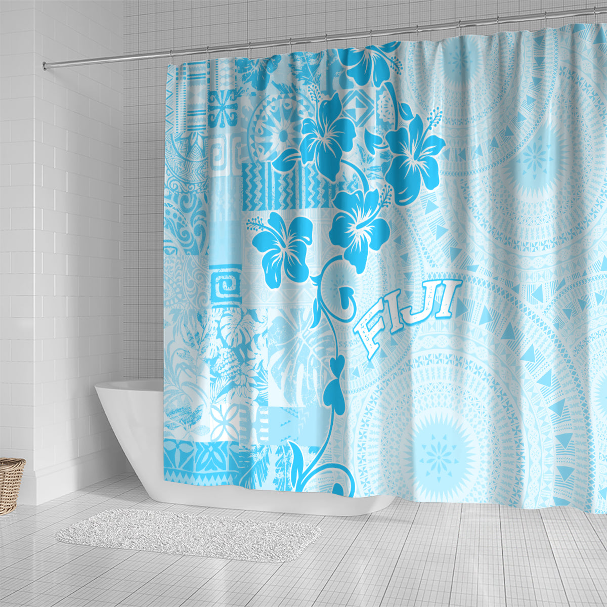 Fiji Masi With Hibiscus Tapa Tribal Shower Curtain Sky Blue Pastel LT01 - Polynesian Pride