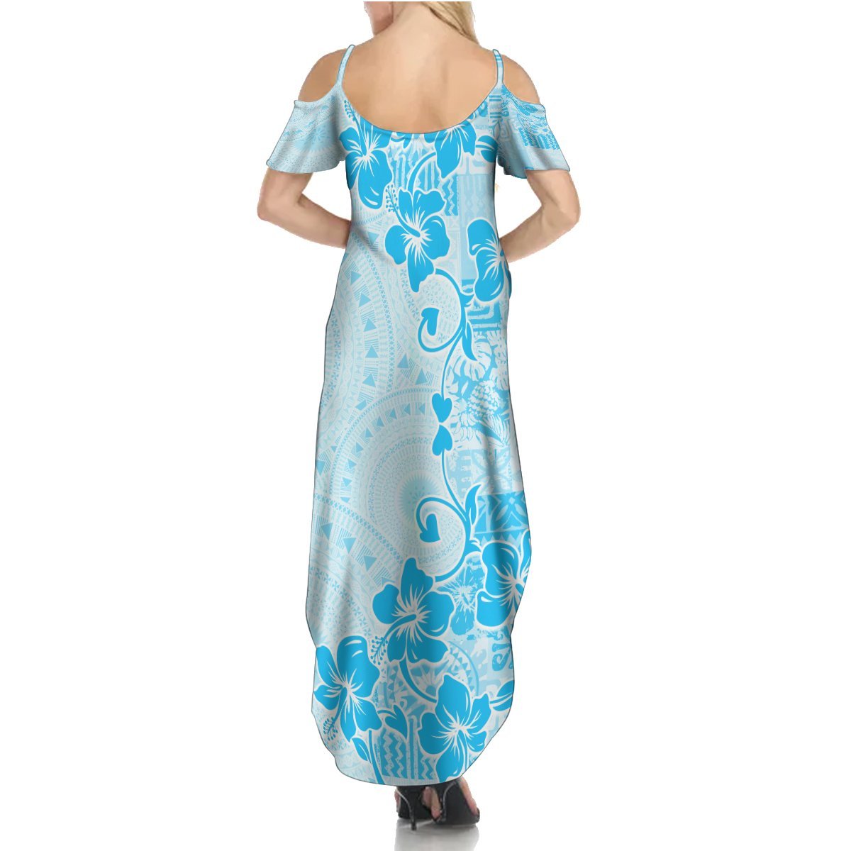 Fiji Masi With Hibiscus Tapa Tribal Summer Maxi Dress Sky Blue Pastel LT01 - Polynesian Pride