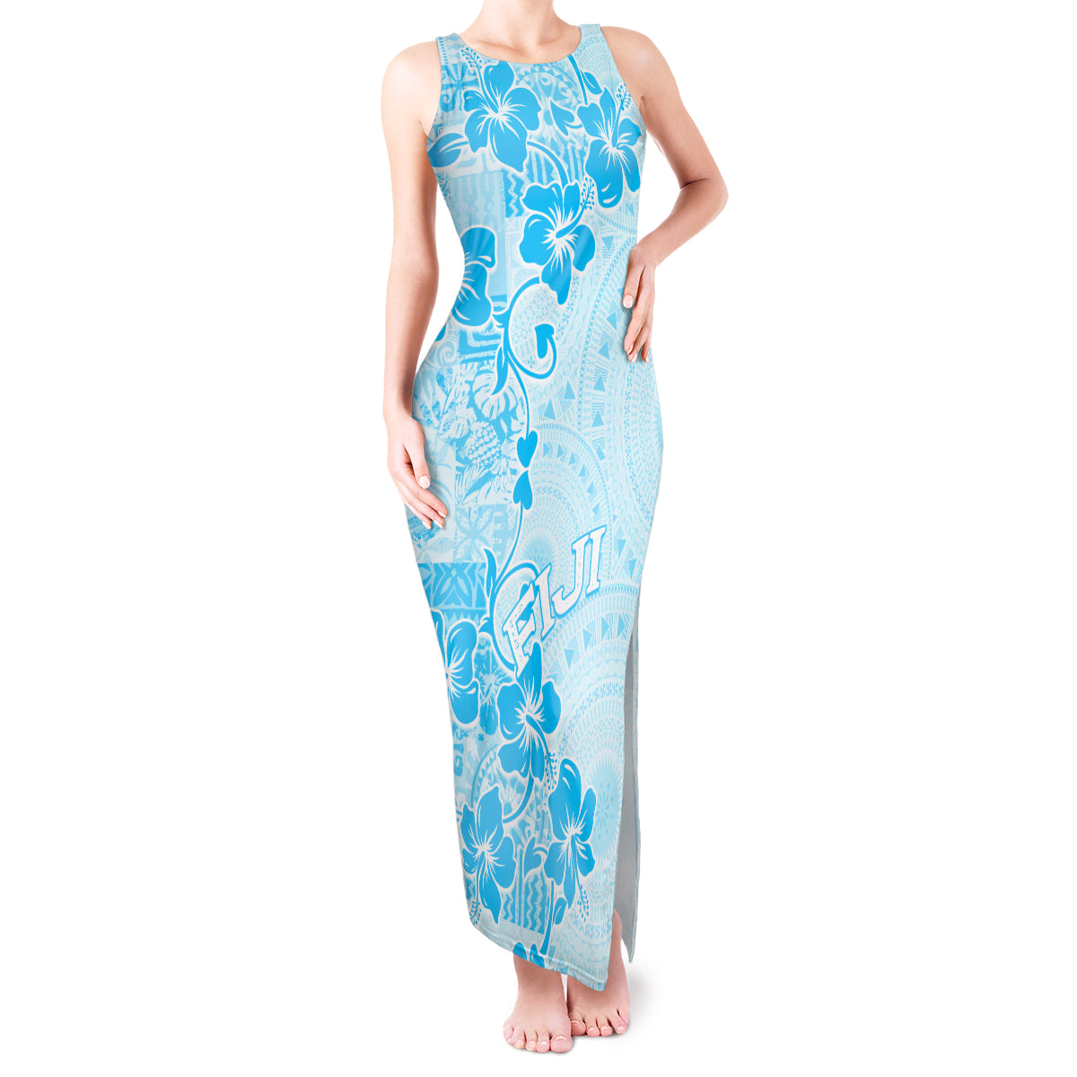 Fiji Masi With Hibiscus Tapa Tribal Tank Maxi Dress Sky Blue Pastel LT01 Women Blue - Polynesian Pride