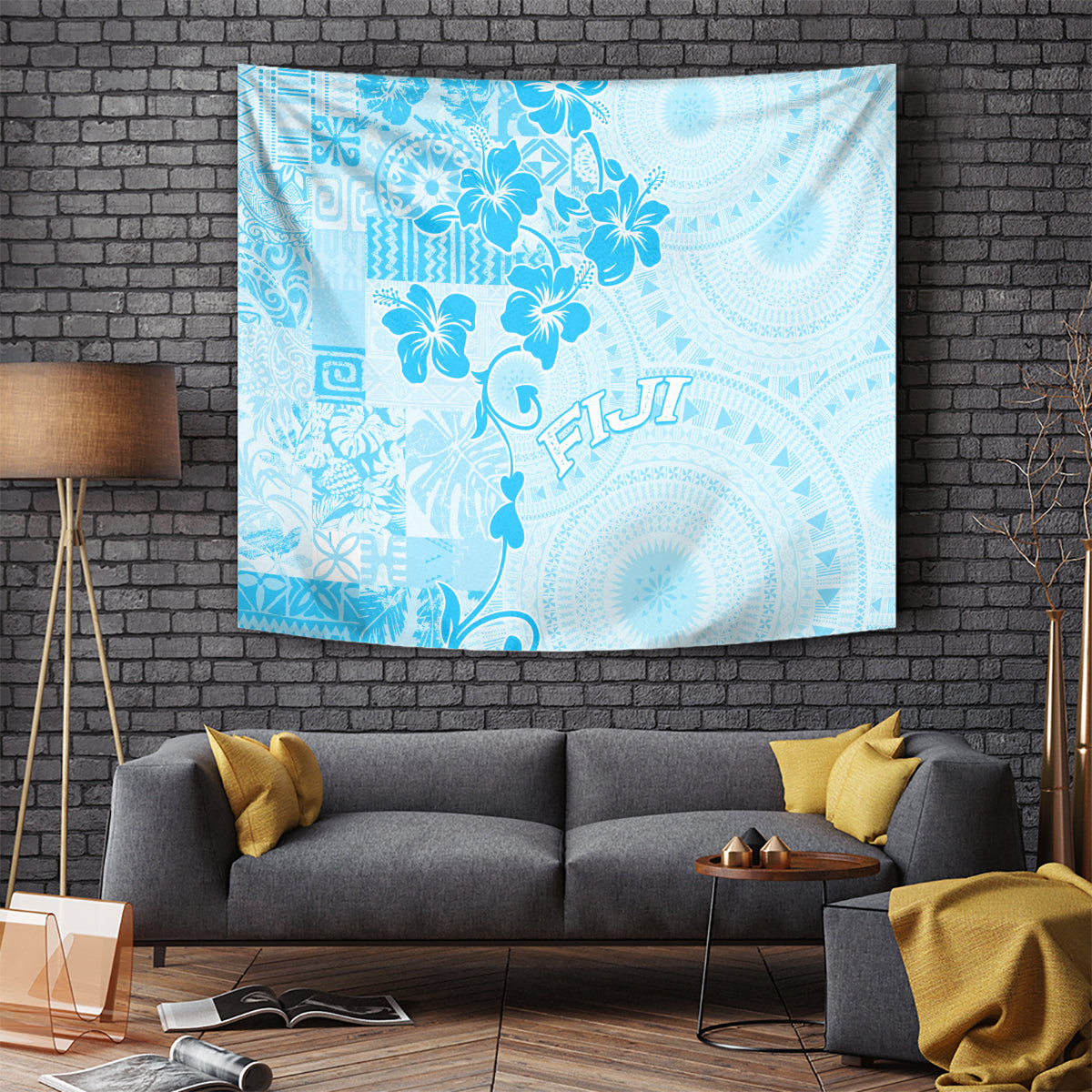 Fiji Masi With Hibiscus Tapa Tribal Tapestry Sky Blue Pastel LT01 Blue - Polynesian Pride