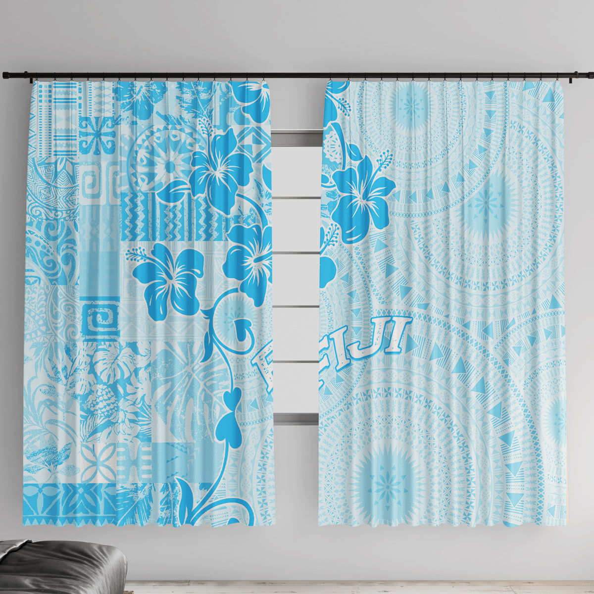 Fiji Masi With Hibiscus Tapa Tribal Window Curtain Sky Blue Pastel LT01 With Hooks Blue - Polynesian Pride