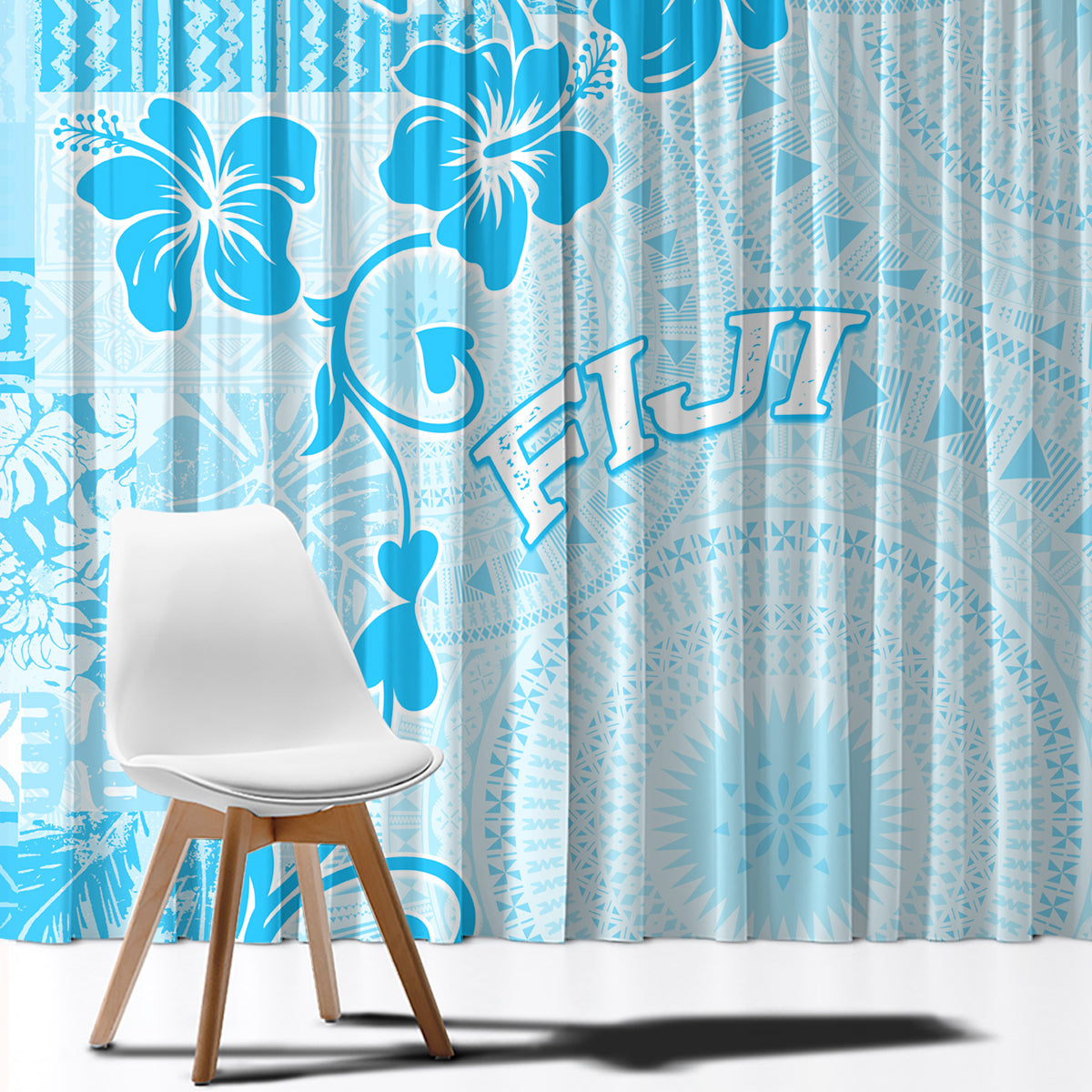 Fiji Masi With Hibiscus Tapa Tribal Window Curtain Sky Blue Pastel LT01 - Polynesian Pride