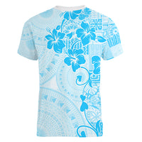 Fiji Masi With Hibiscus Tapa Tribal Women V Neck T Shirt Sky Blue Pastel LT01 - Polynesian Pride