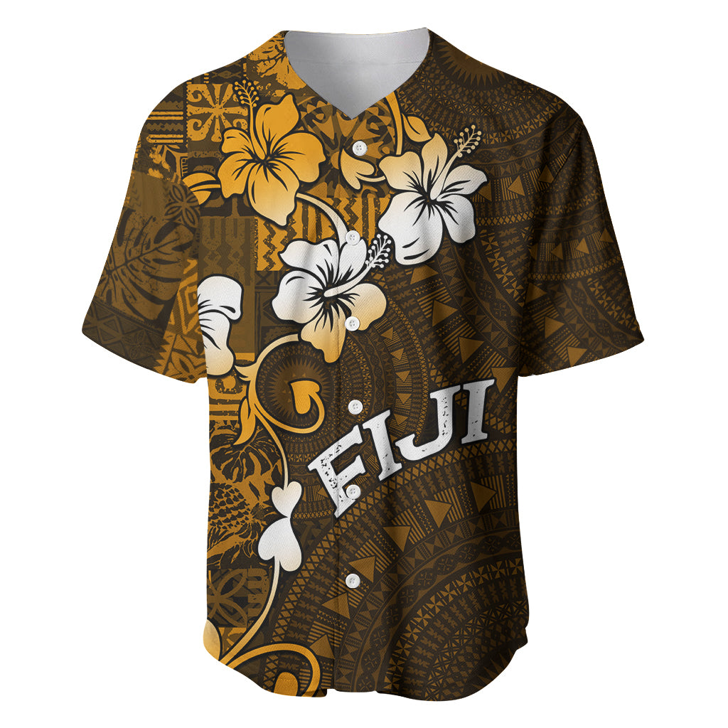 Fiji Masi With Hibiscus Tapa Tribal Baseball Jersey Gold Version LT01 Gold - Polynesian Pride