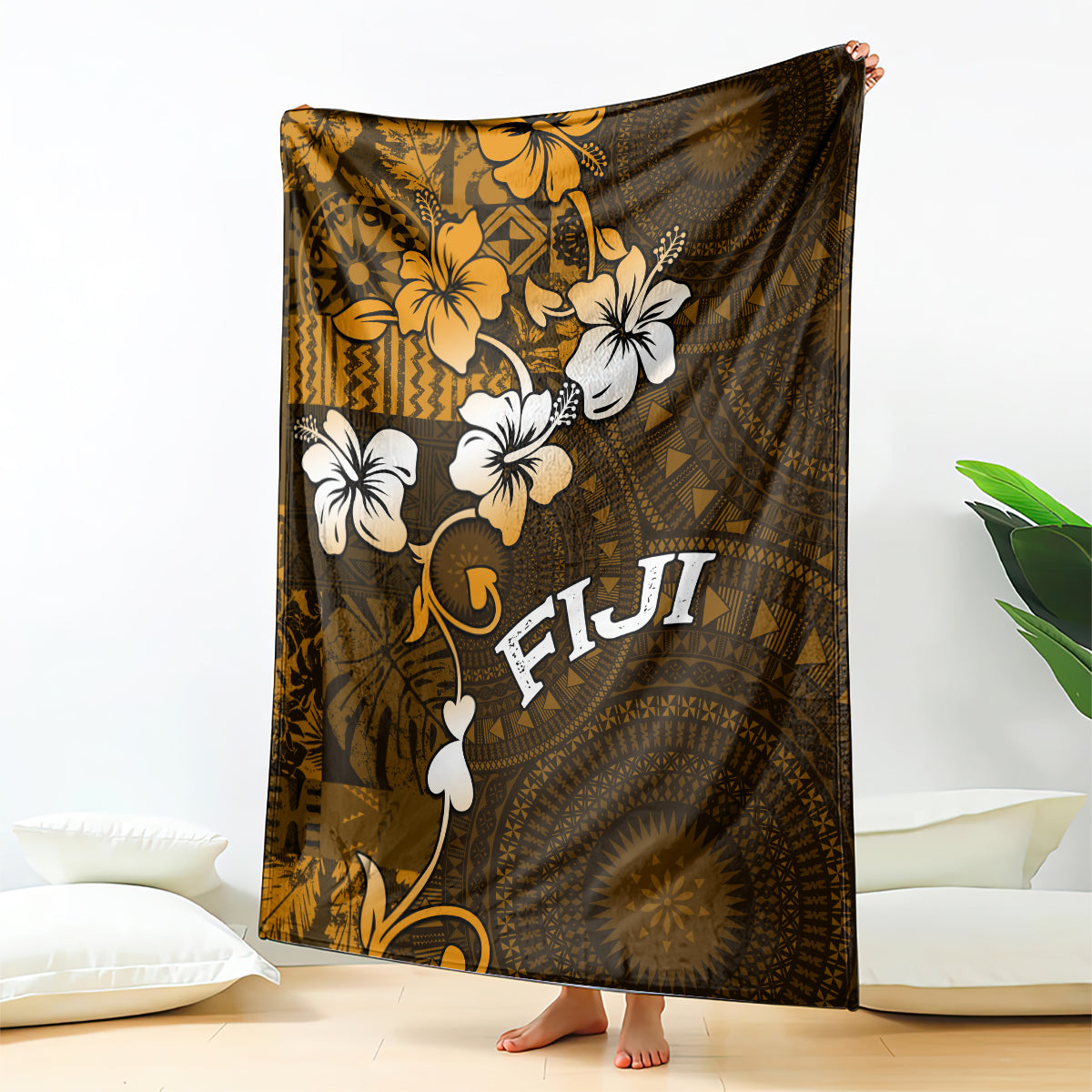 Fiji Masi With Hibiscus Tapa Tribal Blanket Gold Version LT01 Gold - Polynesian Pride