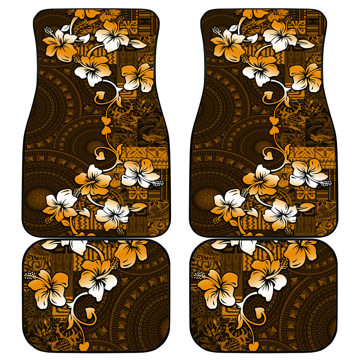 Fiji Masi With Hibiscus Tapa Tribal Car Mats Gold Version LT01 Gold - Polynesian Pride