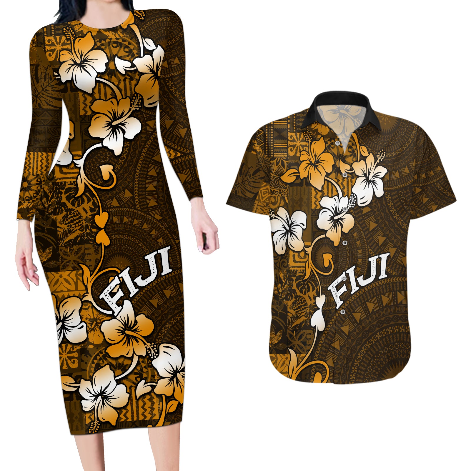 Fiji Masi With Hibiscus Tapa Tribal Couples Matching Long Sleeve Bodycon Dress and Hawaiian Shirt Gold Version LT01 Gold - Polynesian Pride