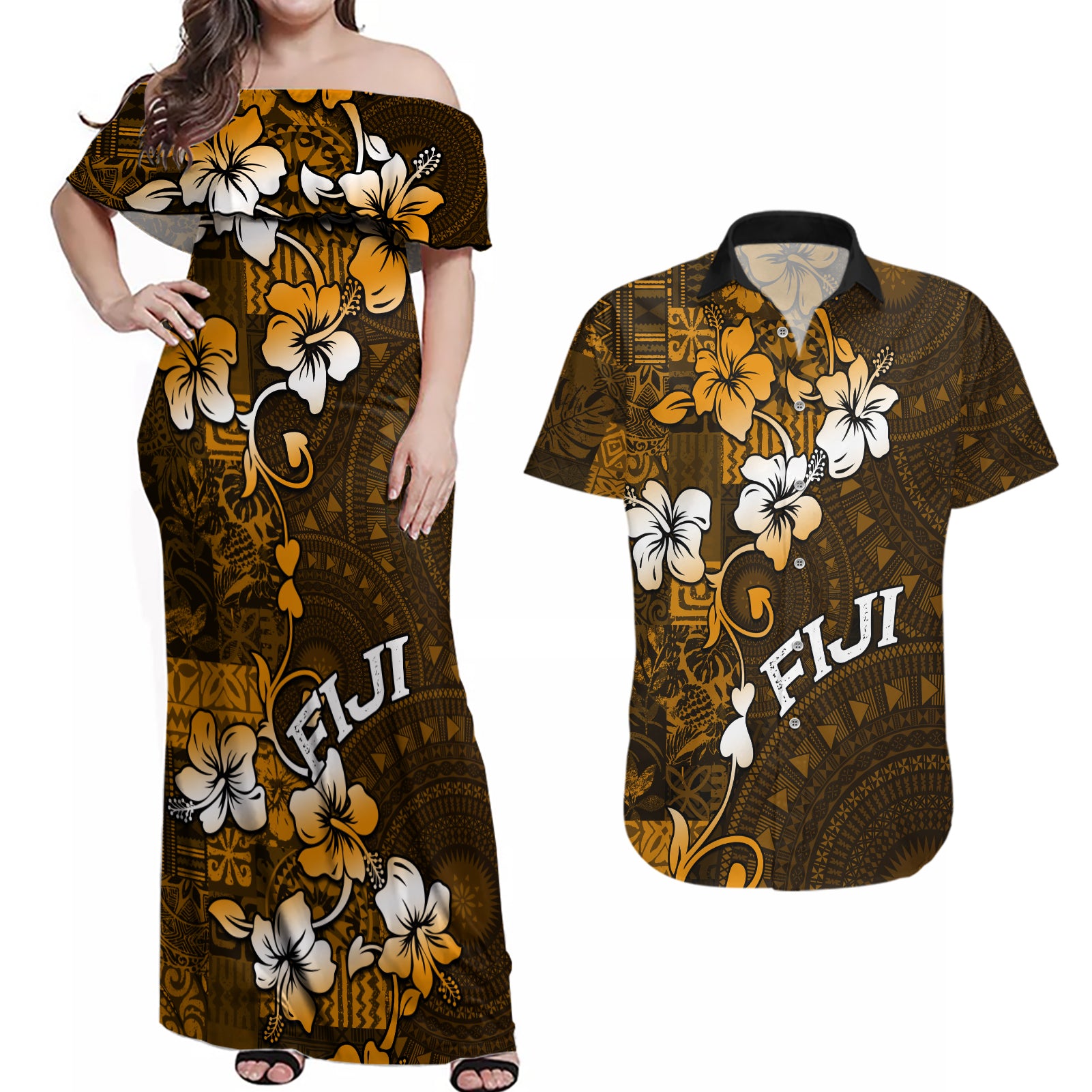 Fiji Masi With Hibiscus Tapa Tribal Couples Matching Off Shoulder Maxi Dress and Hawaiian Shirt Gold Version LT01 Gold - Polynesian Pride