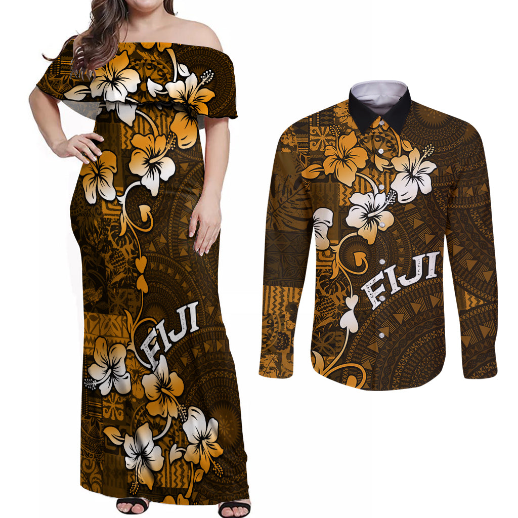 Fiji Masi With Hibiscus Tapa Tribal Couples Matching Off Shoulder Maxi Dress and Long Sleeve Button Shirt Gold Version LT01 Gold - Polynesian Pride