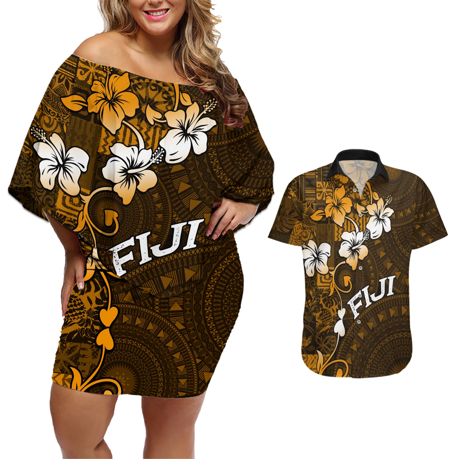 Fiji Masi With Hibiscus Tapa Tribal Couples Matching Off Shoulder Short Dress and Hawaiian Shirt Gold Version LT01 Gold - Polynesian Pride