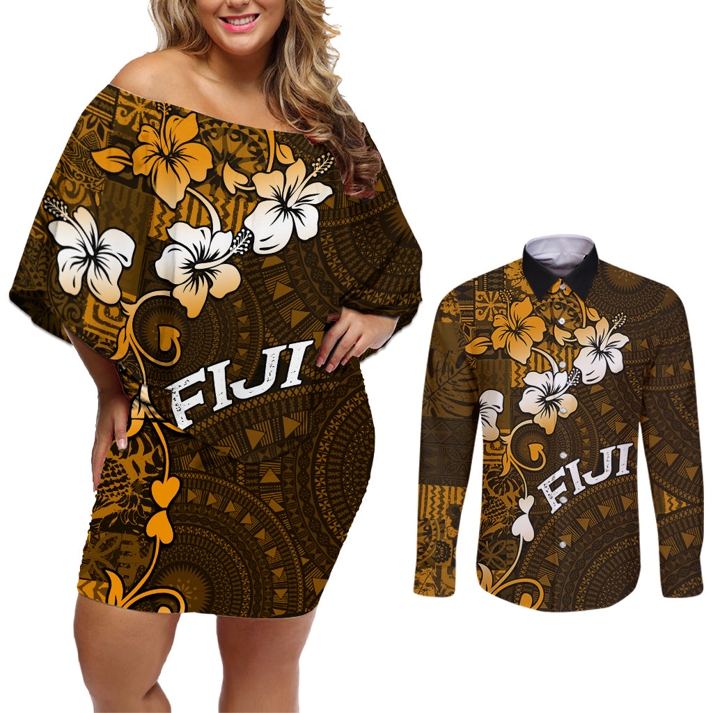 Fiji Masi With Hibiscus Tapa Tribal Couples Matching Off Shoulder Short Dress and Long Sleeve Button Shirt Gold Version LT01 Gold - Polynesian Pride