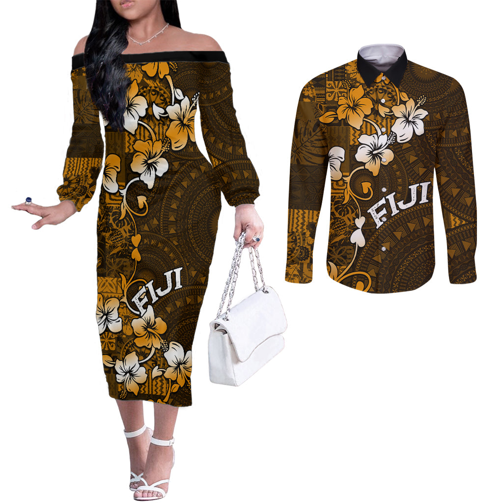 Fiji Masi With Hibiscus Tapa Tribal Couples Matching Off The Shoulder Long Sleeve Dress and Long Sleeve Button Shirt Gold Version LT01 Gold - Polynesian Pride