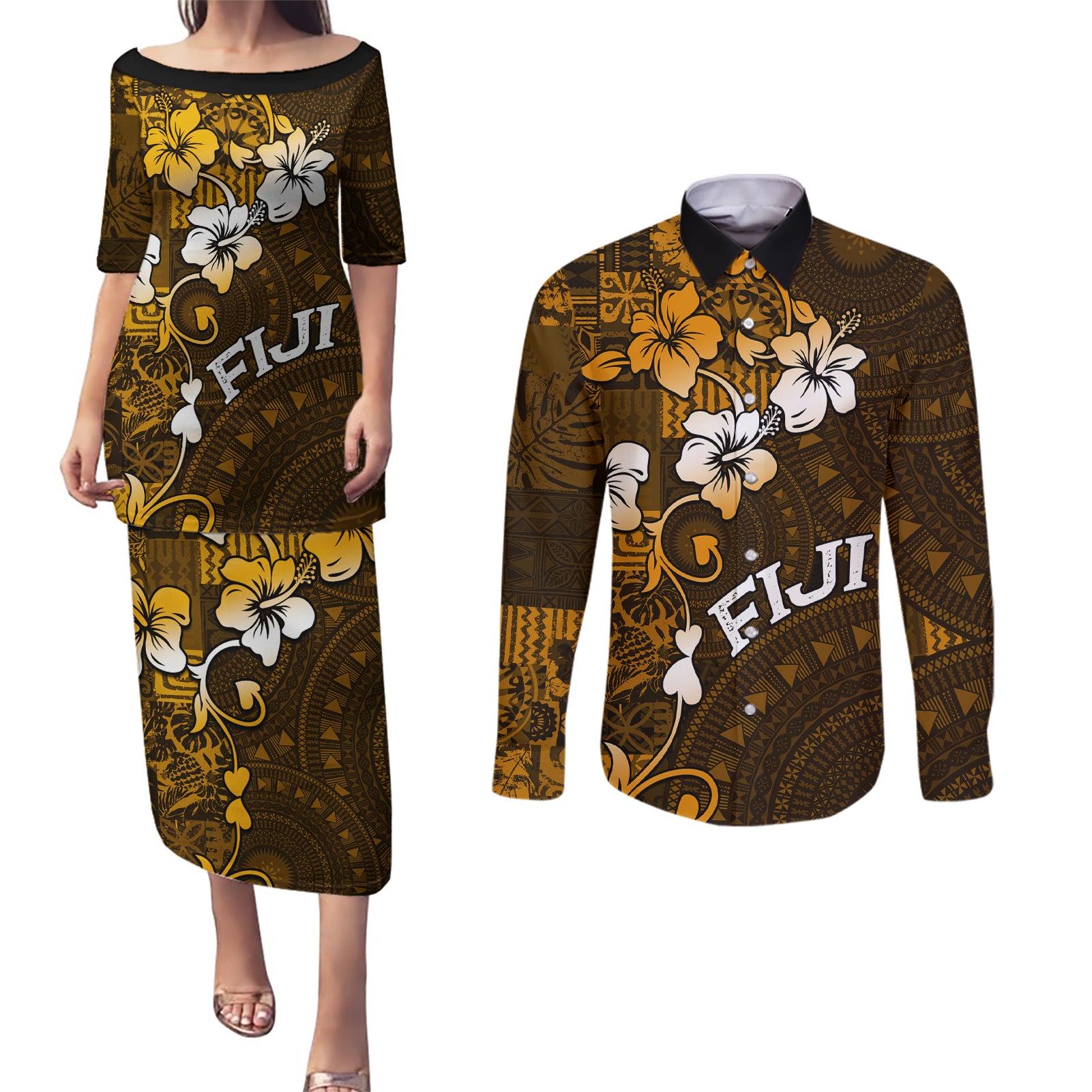 Fiji Masi With Hibiscus Tapa Tribal Couples Matching Puletasi Dress and Long Sleeve Button Shirt Gold Version LT01 Gold - Polynesian Pride