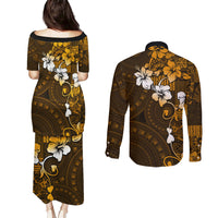 Fiji Masi With Hibiscus Tapa Tribal Couples Matching Puletasi Dress and Long Sleeve Button Shirt Gold Version LT01 - Polynesian Pride