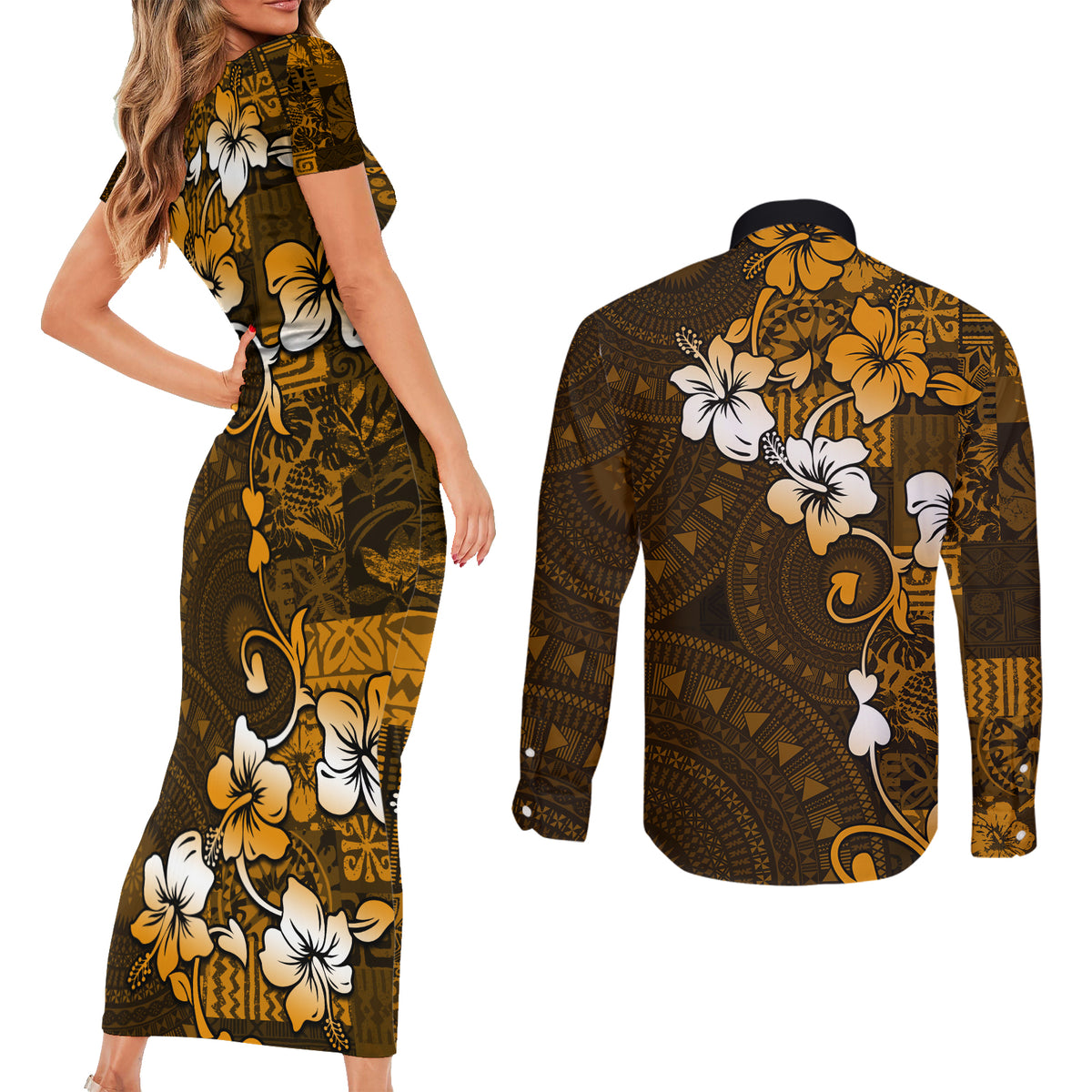 Fiji Masi With Hibiscus Tapa Tribal Couples Matching Short Sleeve Bodycon Dress and Long Sleeve Button Shirt Gold Version LT01 - Polynesian Pride