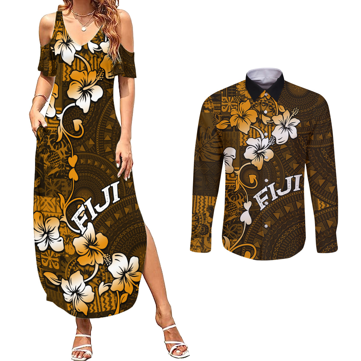 Fiji Masi With Hibiscus Tapa Tribal Couples Matching Summer Maxi Dress and Long Sleeve Button Shirt Gold Version LT01 Gold - Polynesian Pride