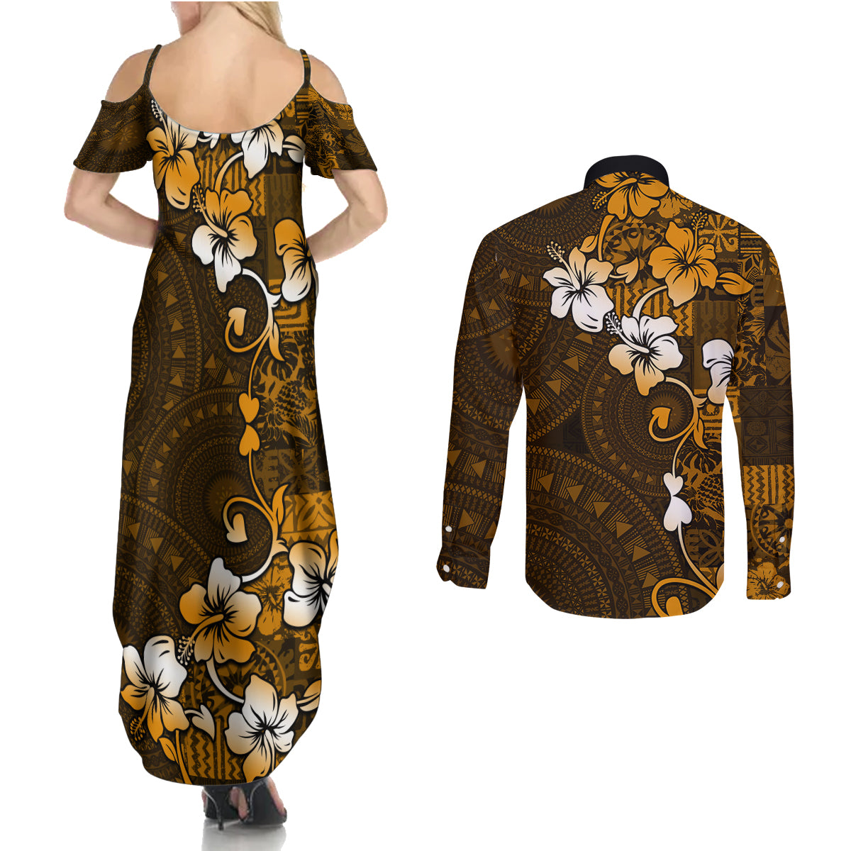 Fiji Masi With Hibiscus Tapa Tribal Couples Matching Summer Maxi Dress and Long Sleeve Button Shirt Gold Version LT01 - Polynesian Pride
