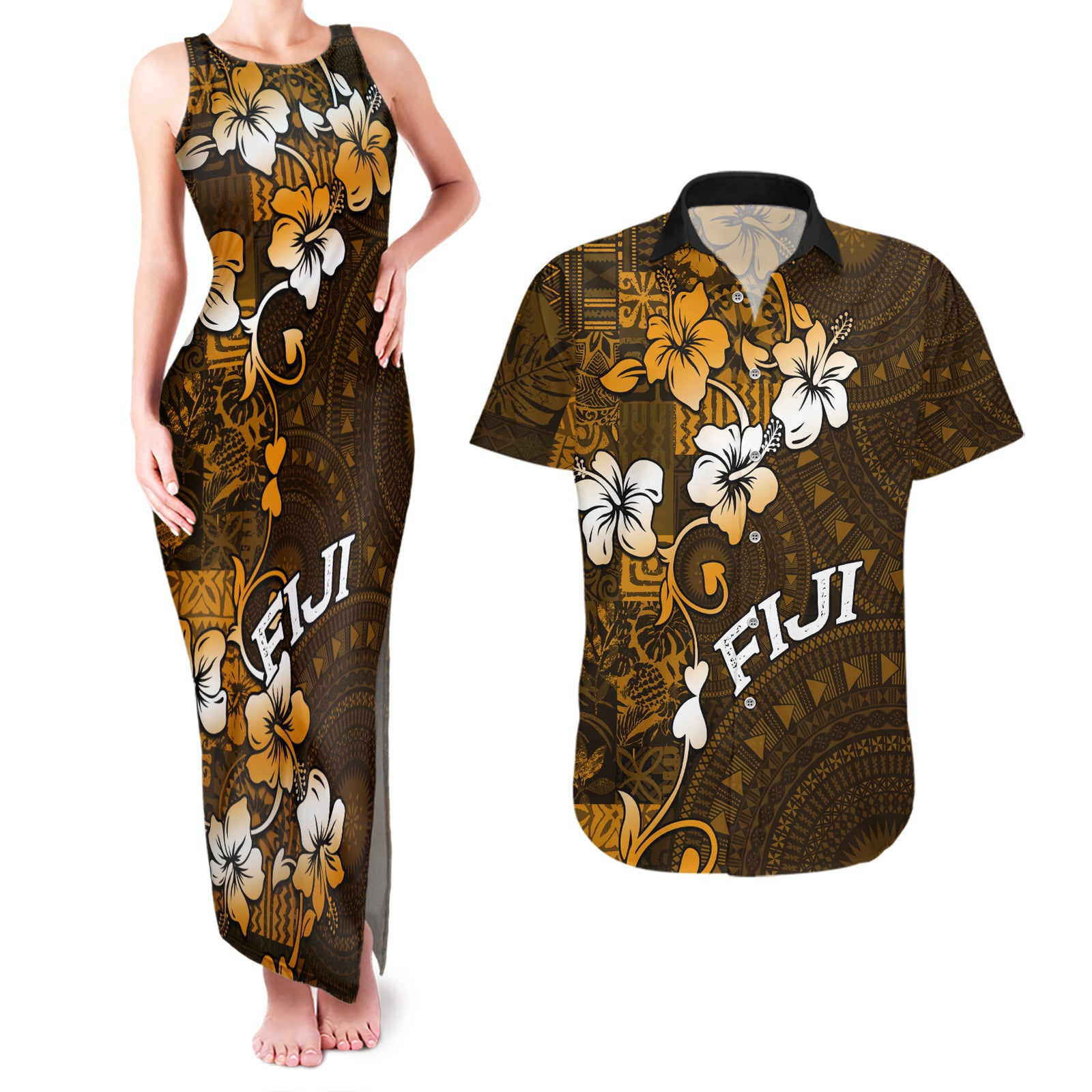 Fiji Masi With Hibiscus Tapa Tribal Couples Matching Tank Maxi Dress and Hawaiian Shirt Gold Version LT01 Gold - Polynesian Pride