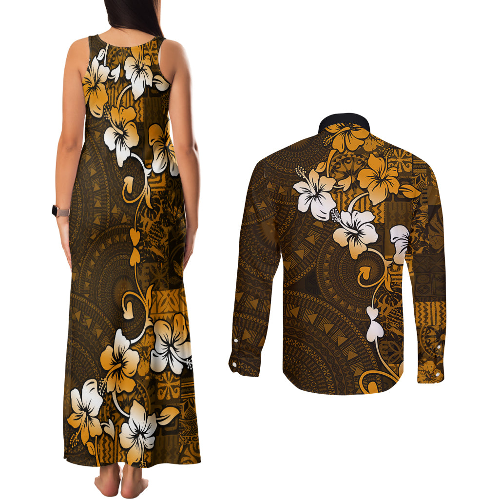 Fiji Masi With Hibiscus Tapa Tribal Couples Matching Tank Maxi Dress and Long Sleeve Button Shirt Gold Version LT01 - Polynesian Pride