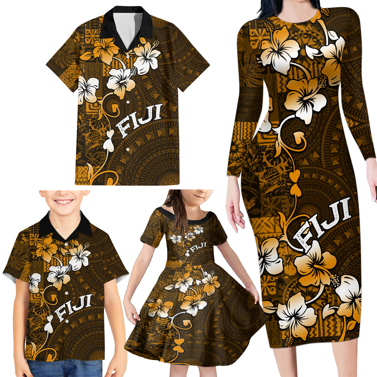 Fiji Masi With Hibiscus Tapa Tribal Family Matching Long Sleeve Bodycon Dress and Hawaiian Shirt Gold Version LT01 - Polynesian Pride