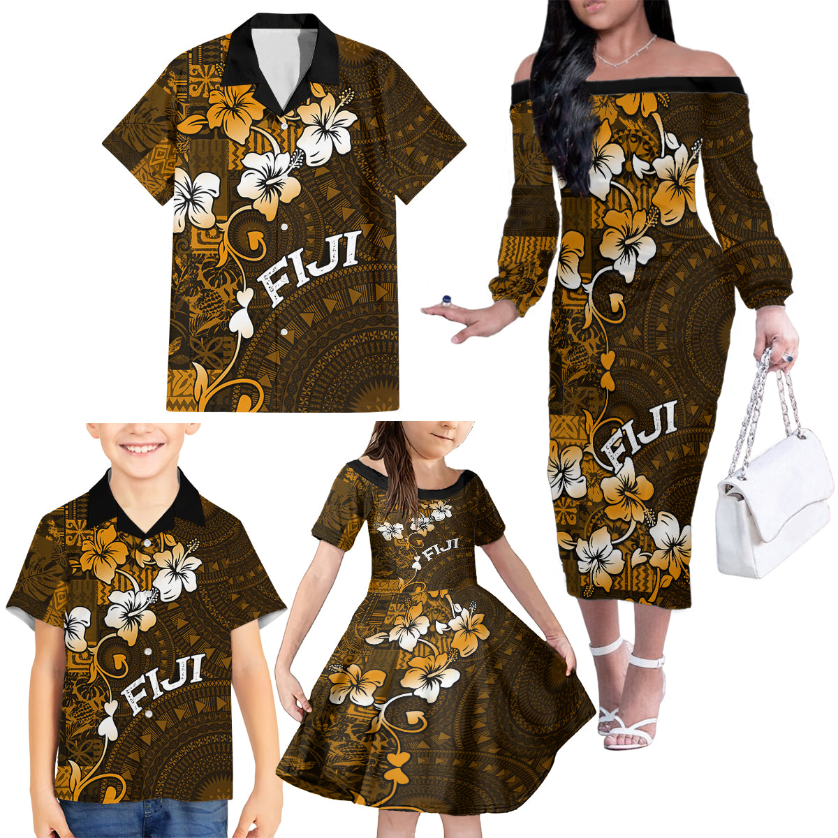 Fiji Masi With Hibiscus Tapa Tribal Family Matching Off Shoulder Long Sleeve Dress and Hawaiian Shirt Gold Version LT01 - Polynesian Pride