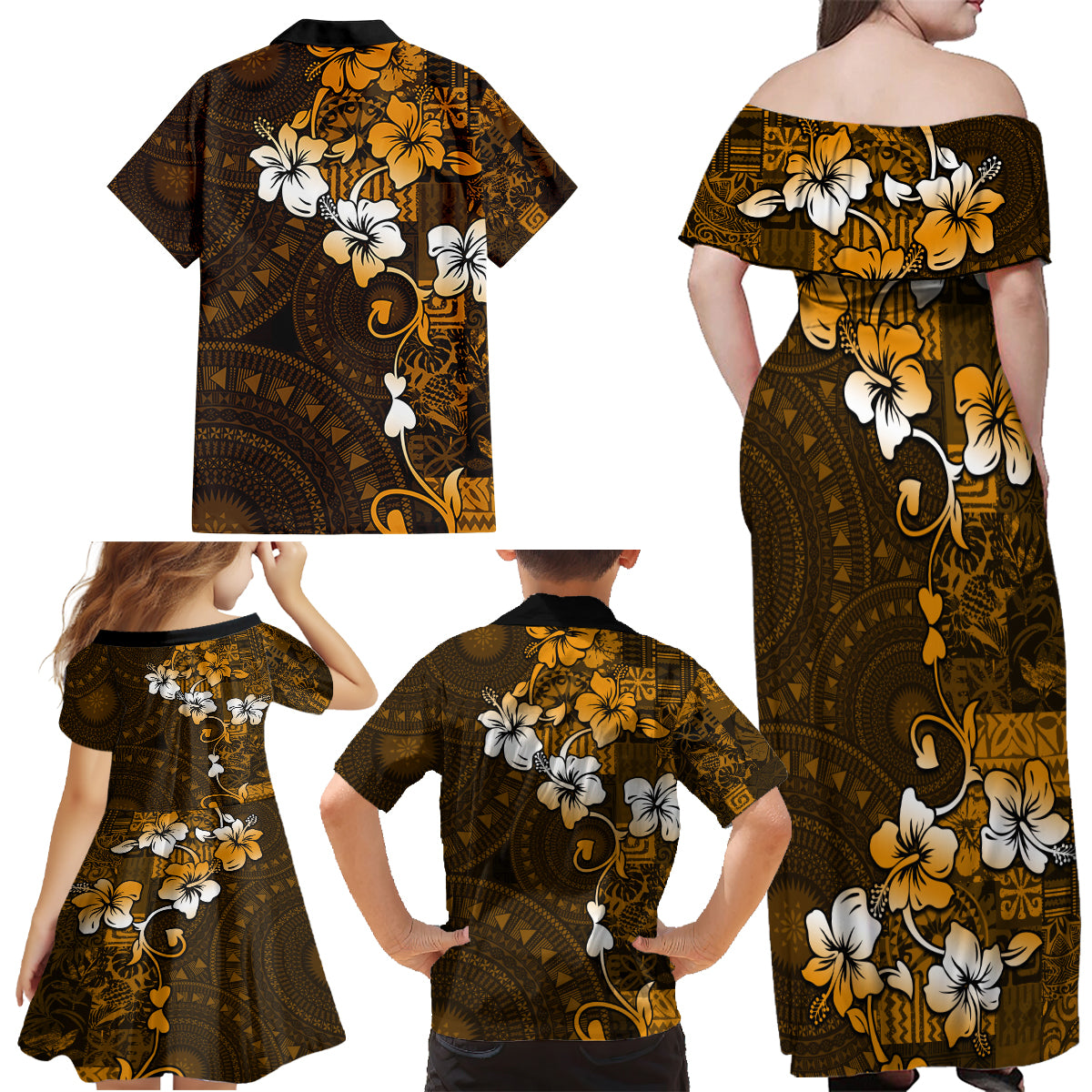 Fiji Masi With Hibiscus Tapa Tribal Family Matching Off Shoulder Maxi Dress and Hawaiian Shirt Gold Version LT01 - Polynesian Pride