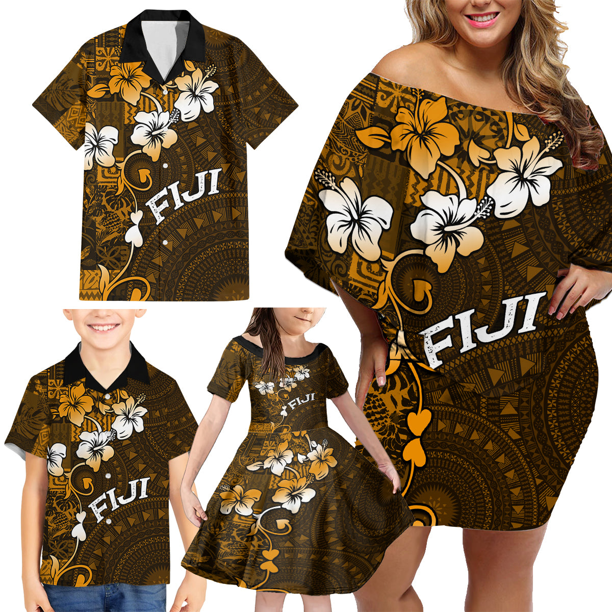 Fiji Masi With Hibiscus Tapa Tribal Family Matching Off Shoulder Short Dress and Hawaiian Shirt Gold Version LT01 - Polynesian Pride