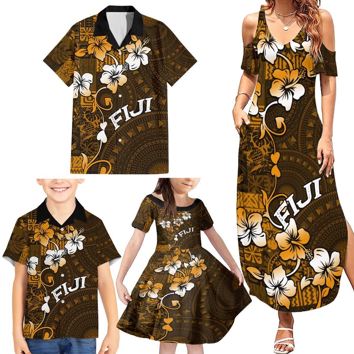 Fiji Masi With Hibiscus Tapa Tribal Family Matching Summer Maxi Dress and Hawaiian Shirt Gold Version LT01 - Polynesian Pride