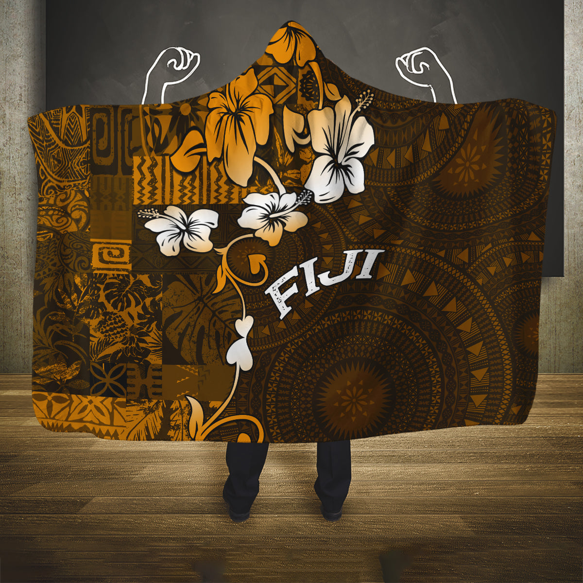 Fiji Masi With Hibiscus Tapa Tribal Hooded Blanket Gold Version LT01 One Size Gold - Polynesian Pride