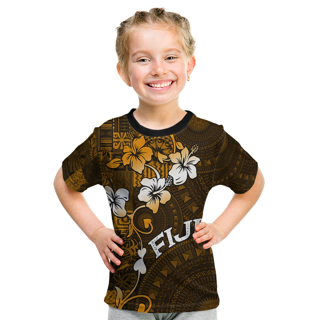 Fiji Masi With Hibiscus Tapa Tribal Kid T Shirt Gold Version LT01 Gold - Polynesian Pride
