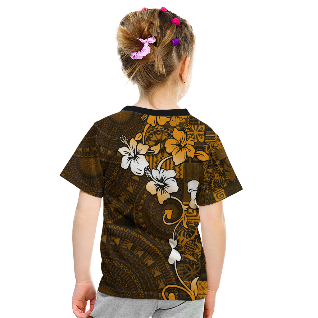 Fiji Masi With Hibiscus Tapa Tribal Kid T Shirt Gold Version LT01 - Polynesian Pride