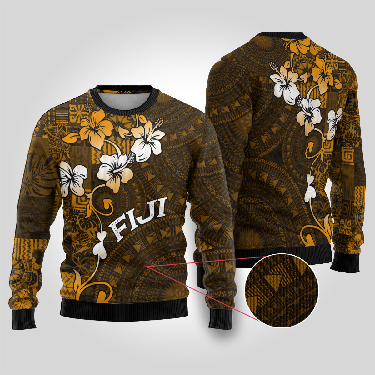 Fiji Masi With Hibiscus Tapa Tribal Ugly Christmas Sweater Gold Version LT01 Gold - Polynesian Pride