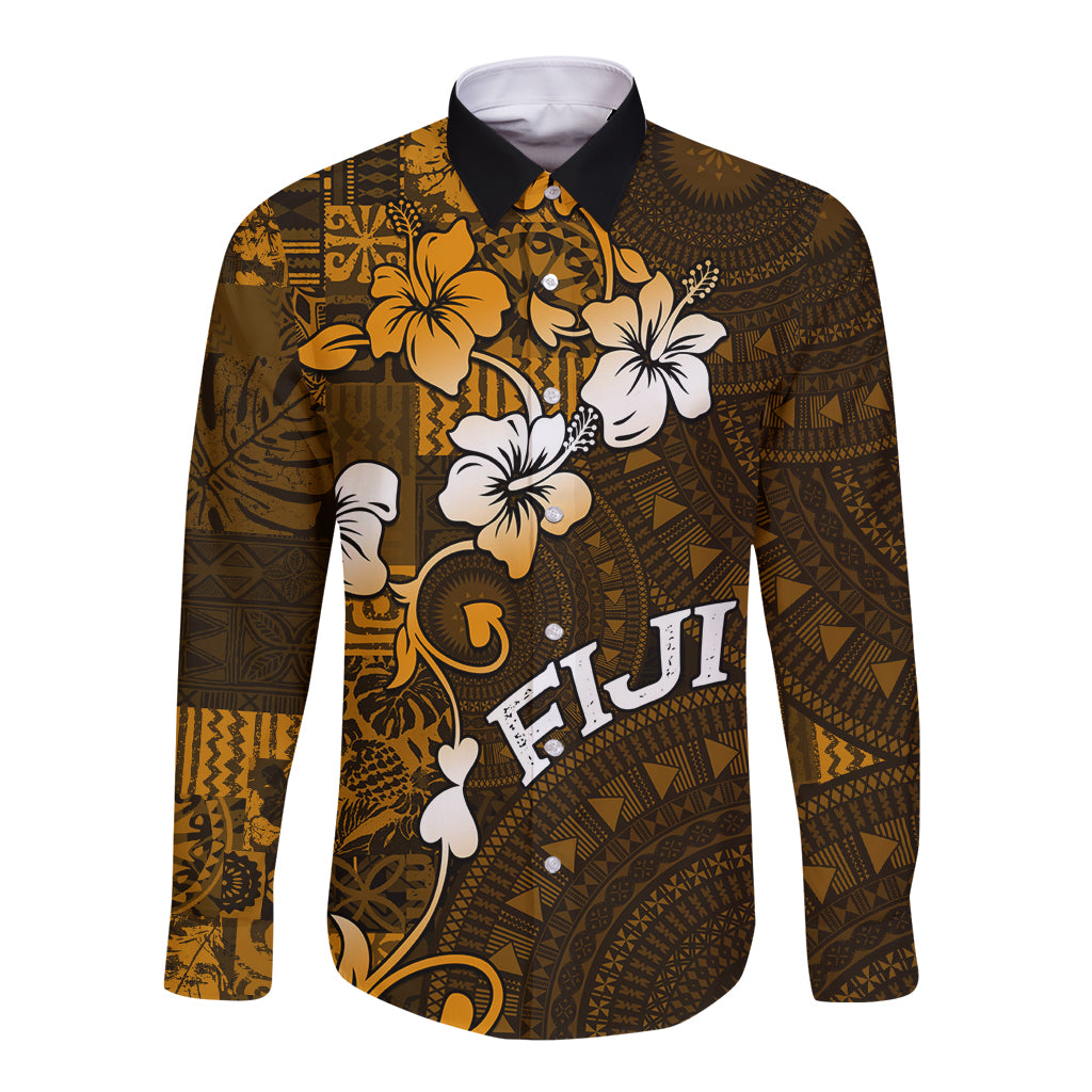 Fiji Masi With Hibiscus Tapa Tribal Long Sleeve Button Shirt Gold Version LT01 Unisex Gold - Polynesian Pride