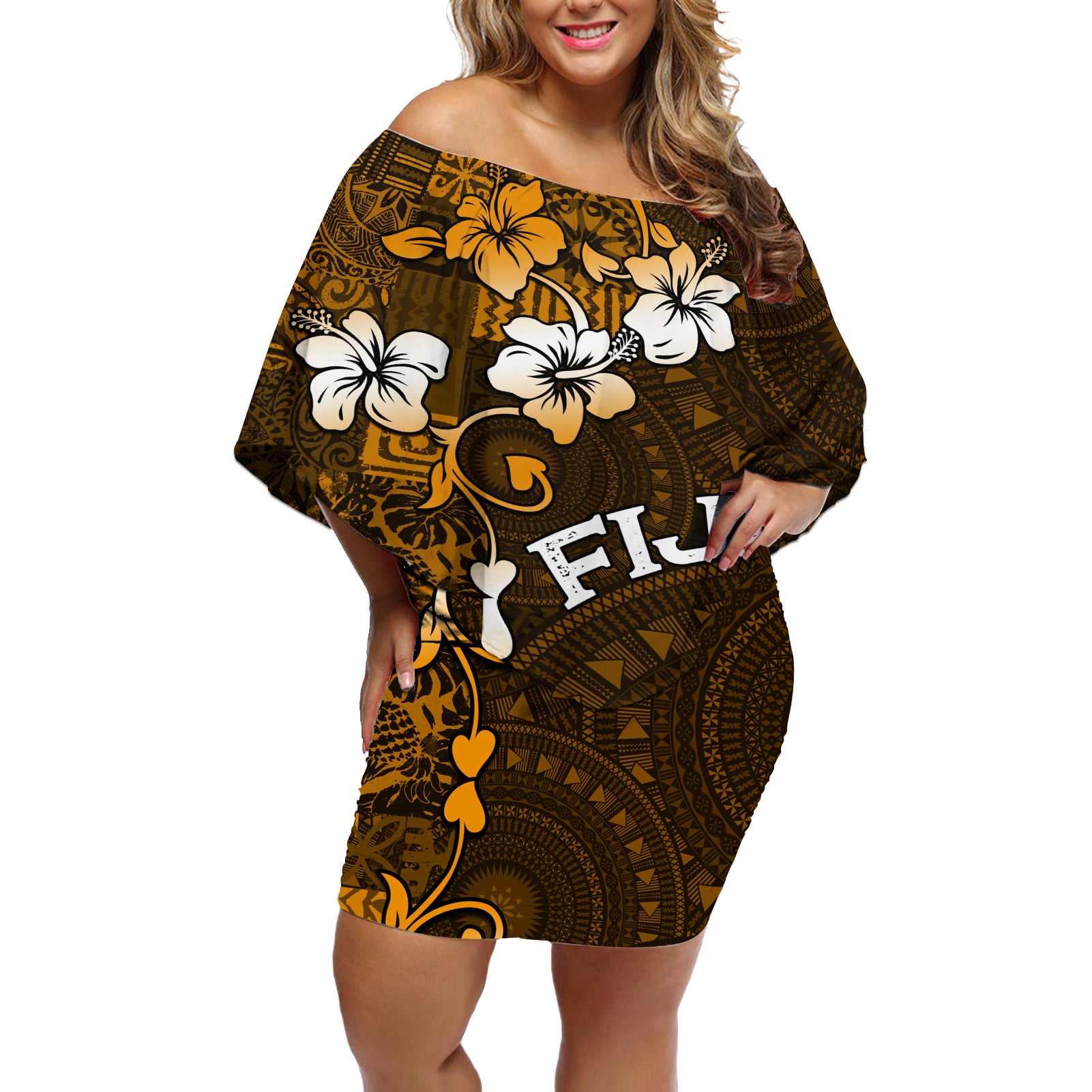 Fiji Masi With Hibiscus Tapa Tribal Off Shoulder Short Dress Gold Version LT01 Women Gold - Polynesian Pride