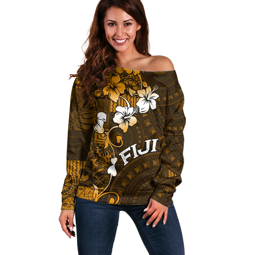 Fiji Masi With Hibiscus Tapa Tribal Off Shoulder Sweater Gold Version LT01 Women Gold - Polynesian Pride