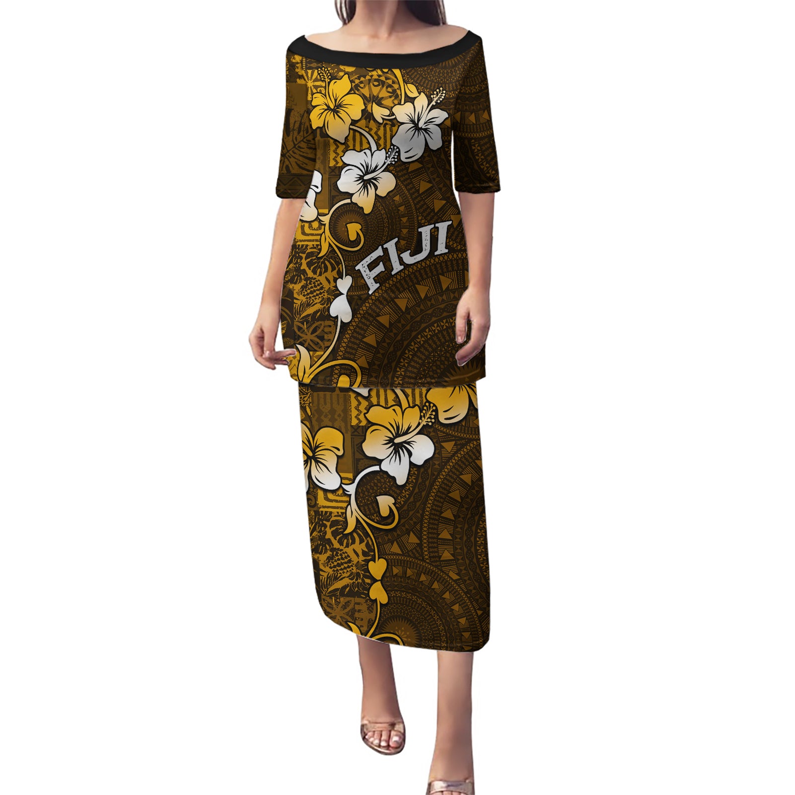 Fiji Masi With Hibiscus Tapa Tribal Puletasi Gold Version LT01 Long Dress Gold - Polynesian Pride