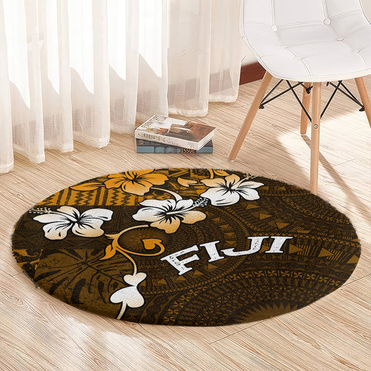 Fiji Masi With Hibiscus Tapa Tribal Round Carpet Gold Version LT01 - Polynesian Pride