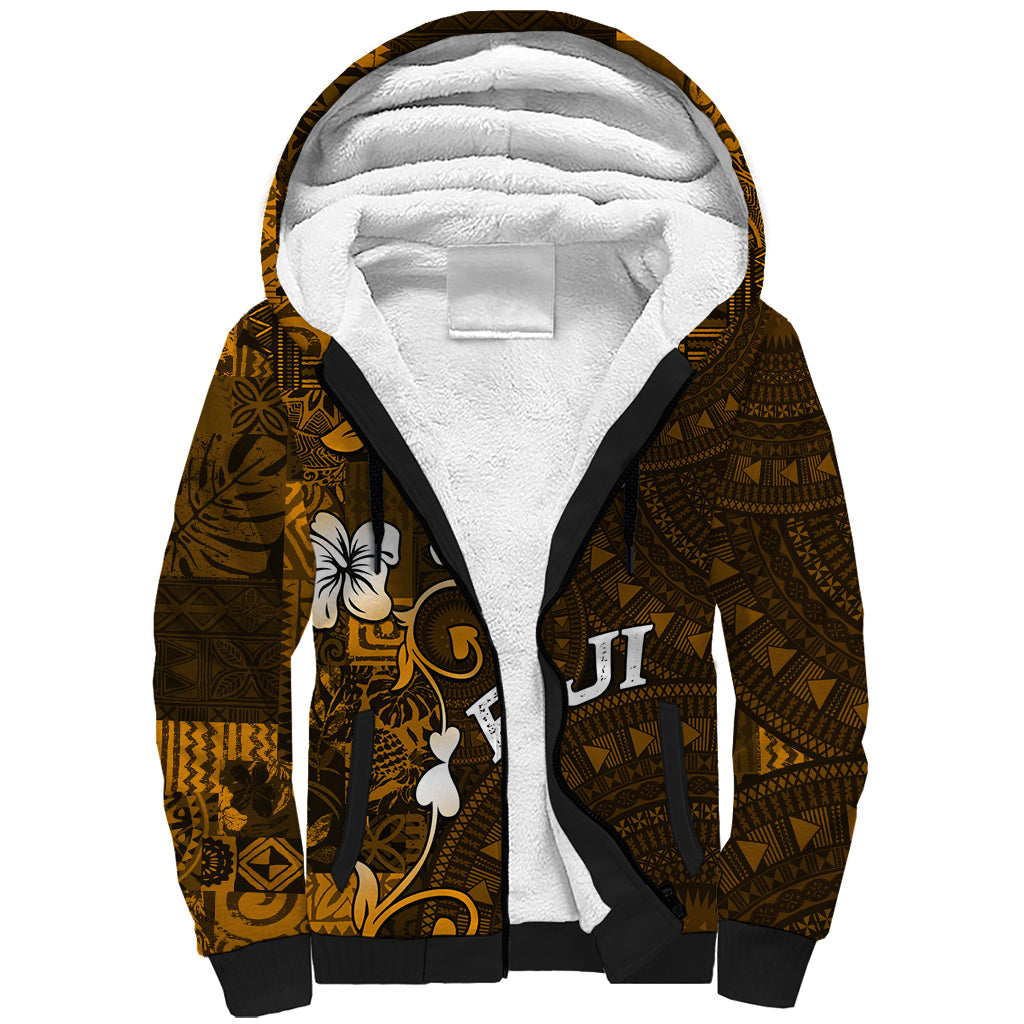 Fiji Masi With Hibiscus Tapa Tribal Sherpa Hoodie Gold Version LT01 Unisex Gold - Polynesian Pride