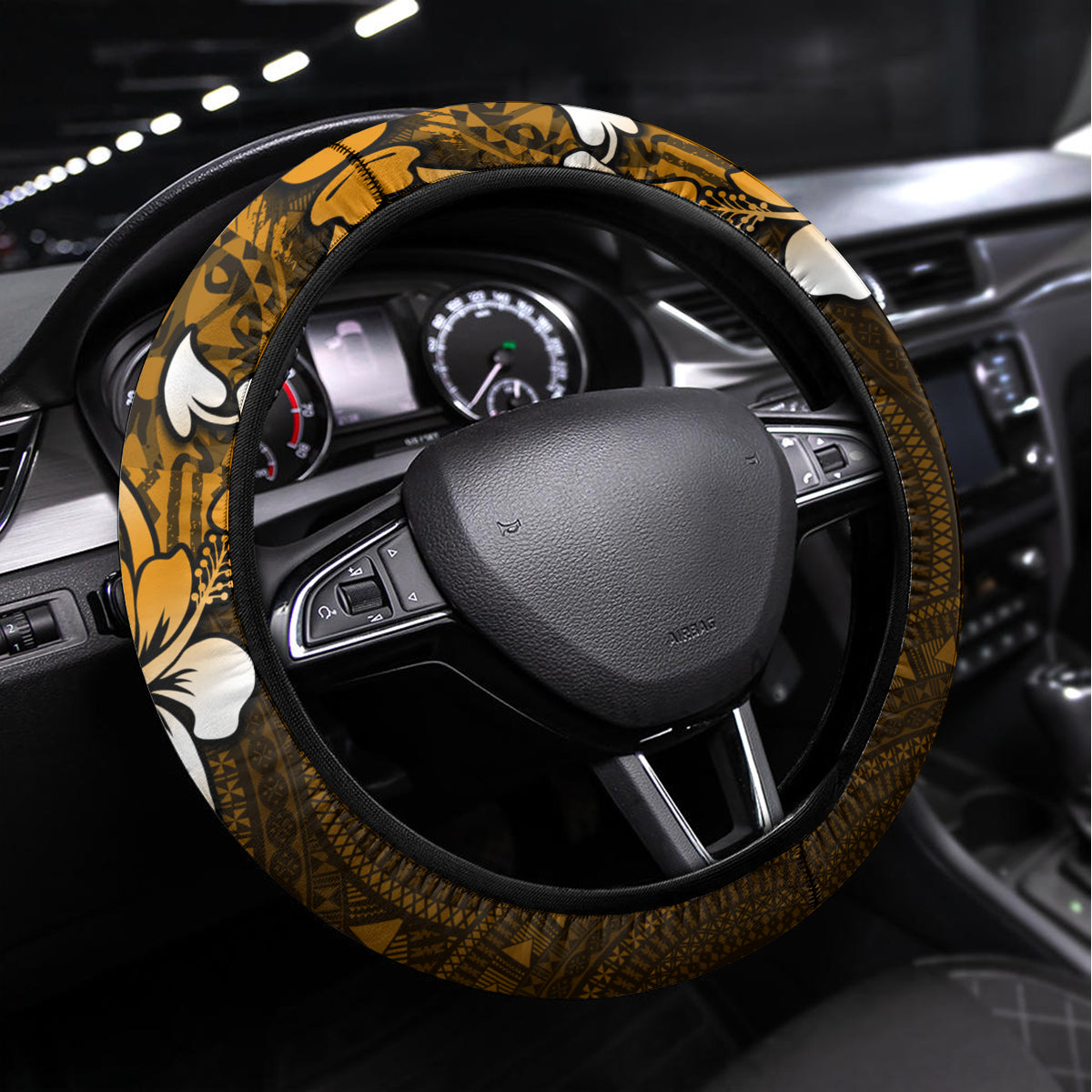 Fiji Masi With Hibiscus Tapa Tribal Steering Wheel Cover Gold Version