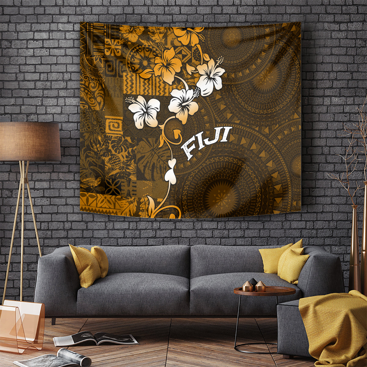 Fiji Masi With Hibiscus Tapa Tribal Tapestry Gold Version LT01 Gold - Polynesian Pride