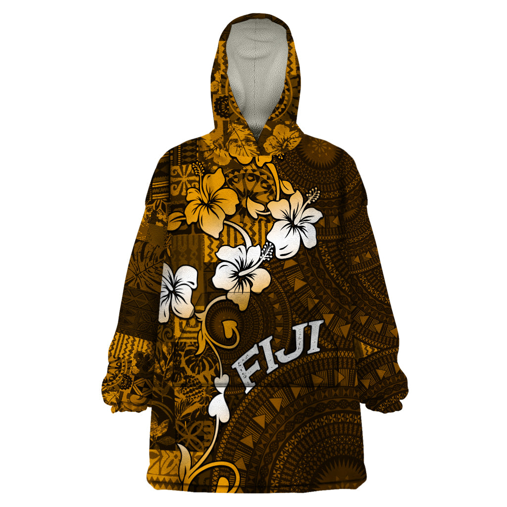 Fiji Masi With Hibiscus Tapa Tribal Wearable Blanket Hoodie Gold Version LT01 One Size Gold - Polynesian Pride