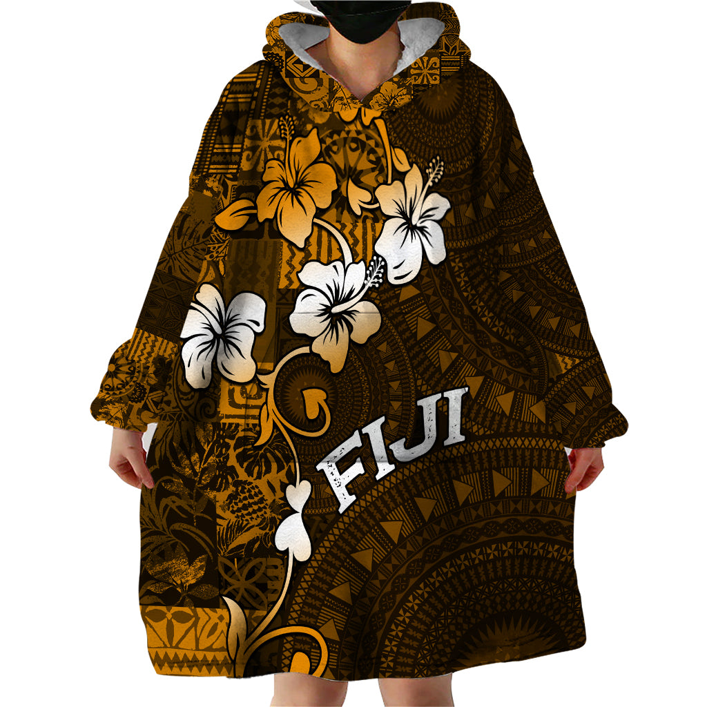 Fiji Masi With Hibiscus Tapa Tribal Wearable Blanket Hoodie Gold Version LT01 - Polynesian Pride